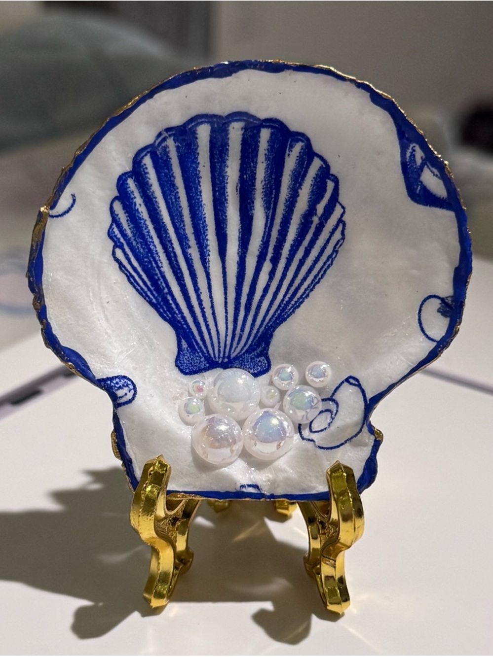 Handmade and bedazzled Blue and White Scallop Shell Decorative plaque - Home Art
